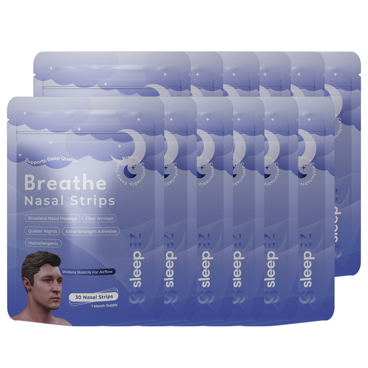 Multiple packages of Breathe Nasal Strips on a white background