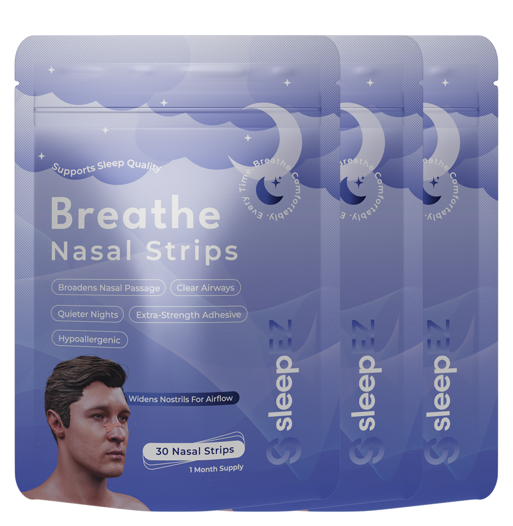 Packaging of Breathe Nasal Strips with a blue background and product details.