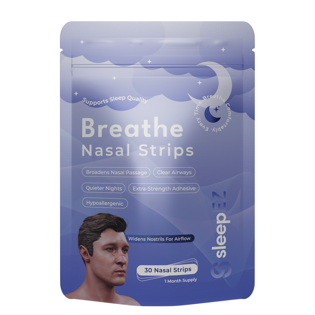 Breathe Nasal Strips packaging with a blue gradient and product details.